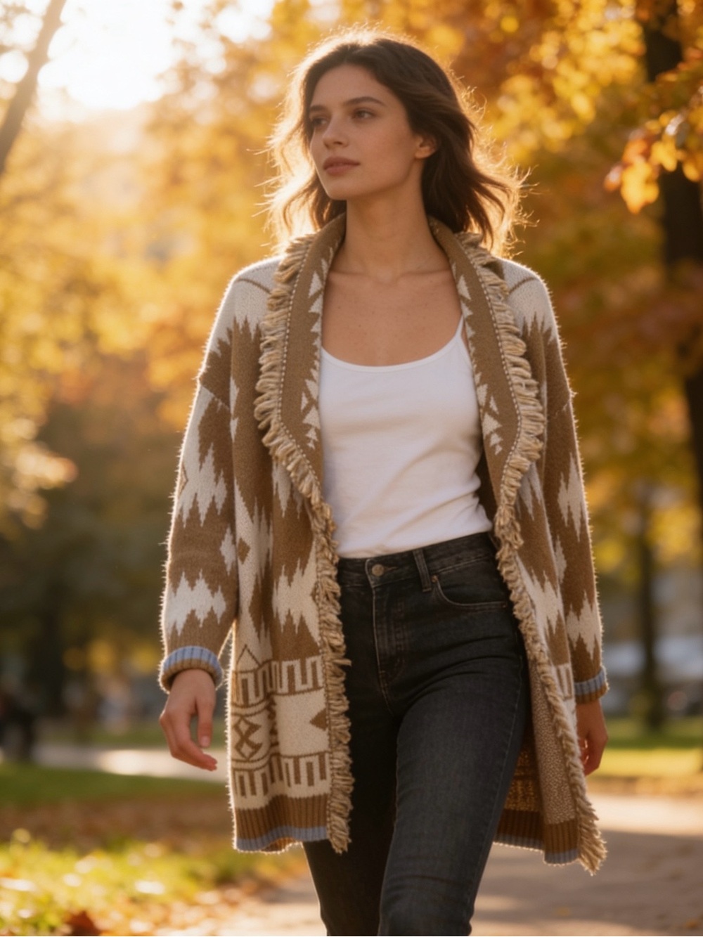 Cocogio Made in Italy Long Southwest Aztec Knit Fringe Cardigan Sweater Large